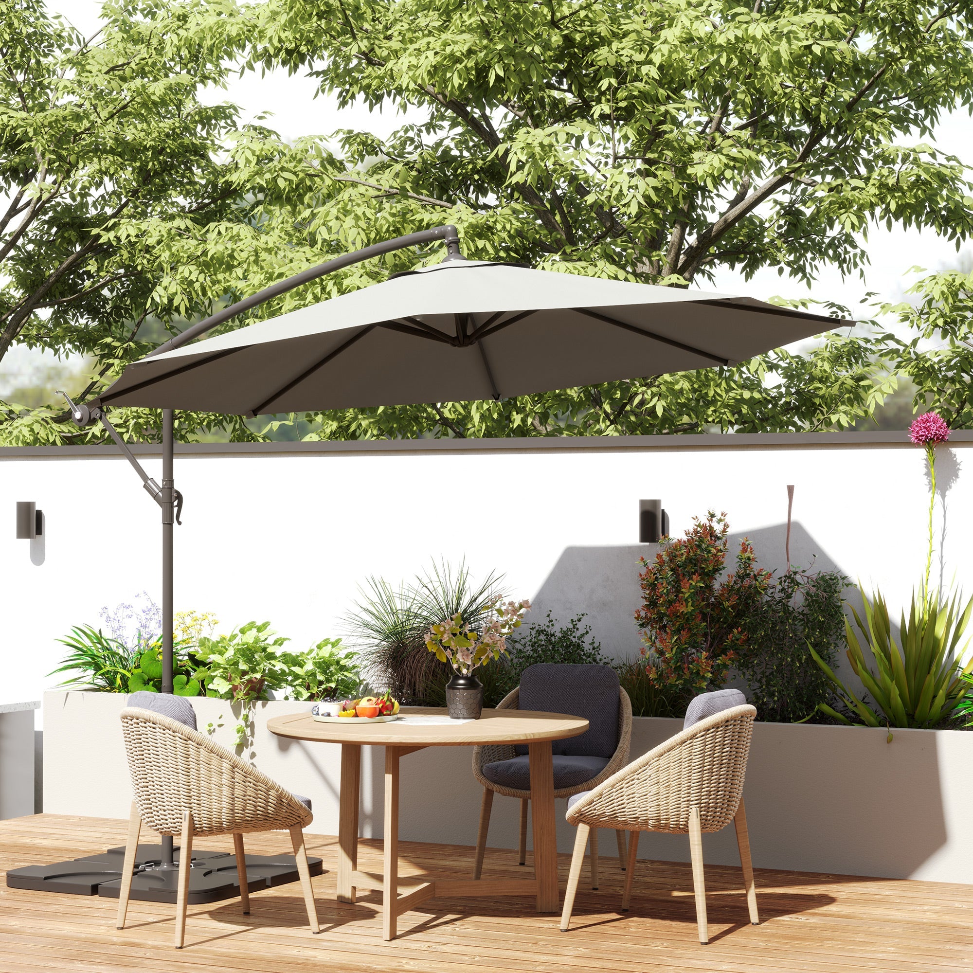 Outsunny 3m Overhanging Parasol, with Base, Weights and Cover - Light Grey 