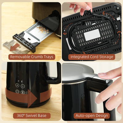 HOMCOM Kettle and Toaster Set, 1.5L 3000W Fast Boil Kettle with Insulation & 2 Slice Toaster Kitchen Set with 7 Level Browning Controls, Defrost, Reheat and Crumb Tray, Black 