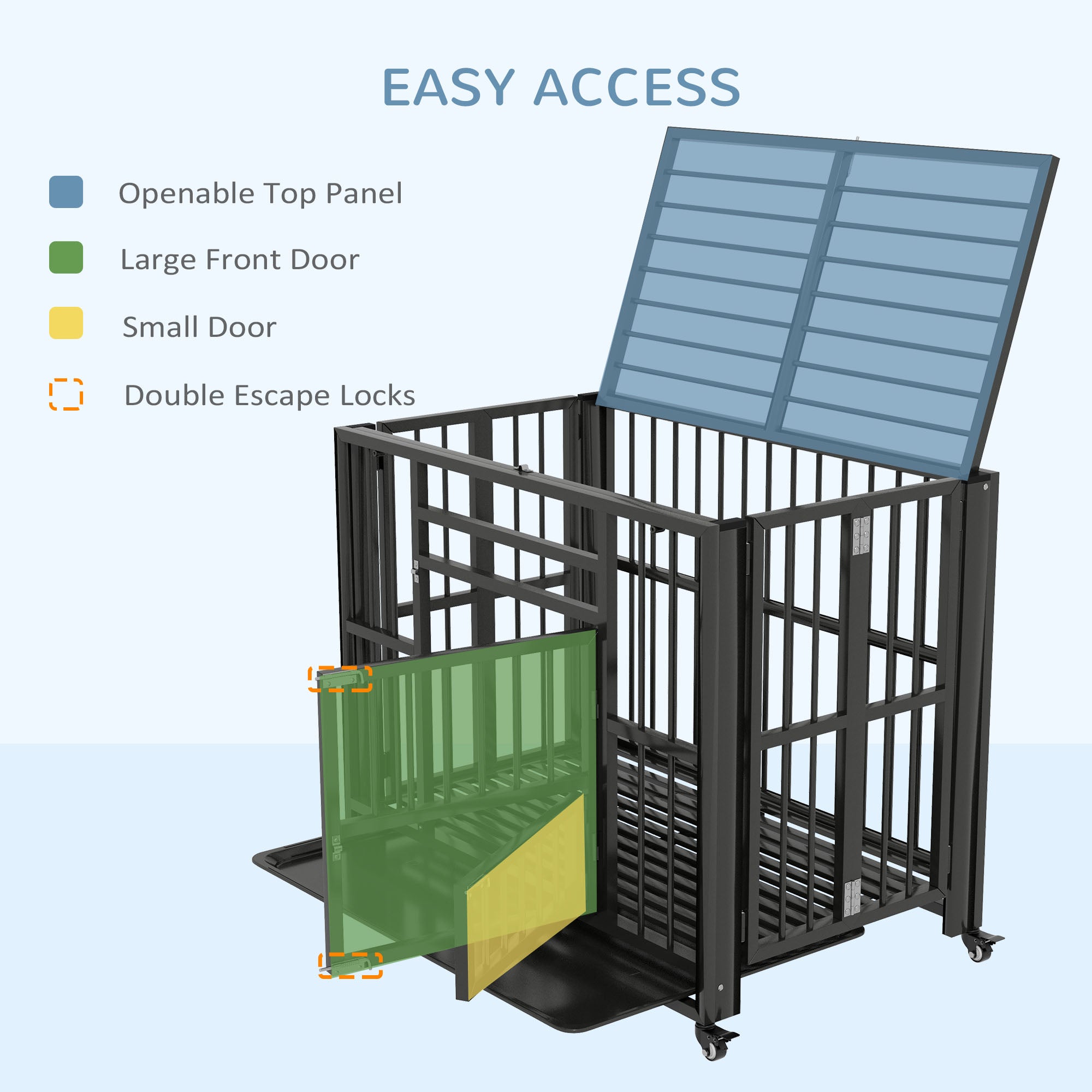 PawHut 37" Heavy Duty Dog Crate, Foldable Dog Cage, with Openable Top, Locks, Removable Tray, Wheels - Black 
