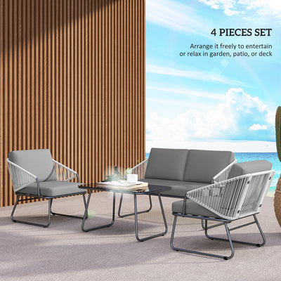 Outsunny 4 Piece Rattan Garden Furniture Set, Wicker Patio Outdoor Furniture Set with Loveseat, Armchairs, Glass Top Coffee Table and Cushions for Patio, Conservatory, Balcony, Grey 