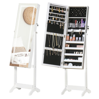 HOMCOM Jewellery Cabinet with LED Light, Lockable Jewellery Organiser with Full-Length Mirror for Bedroom Dressing Room, White 