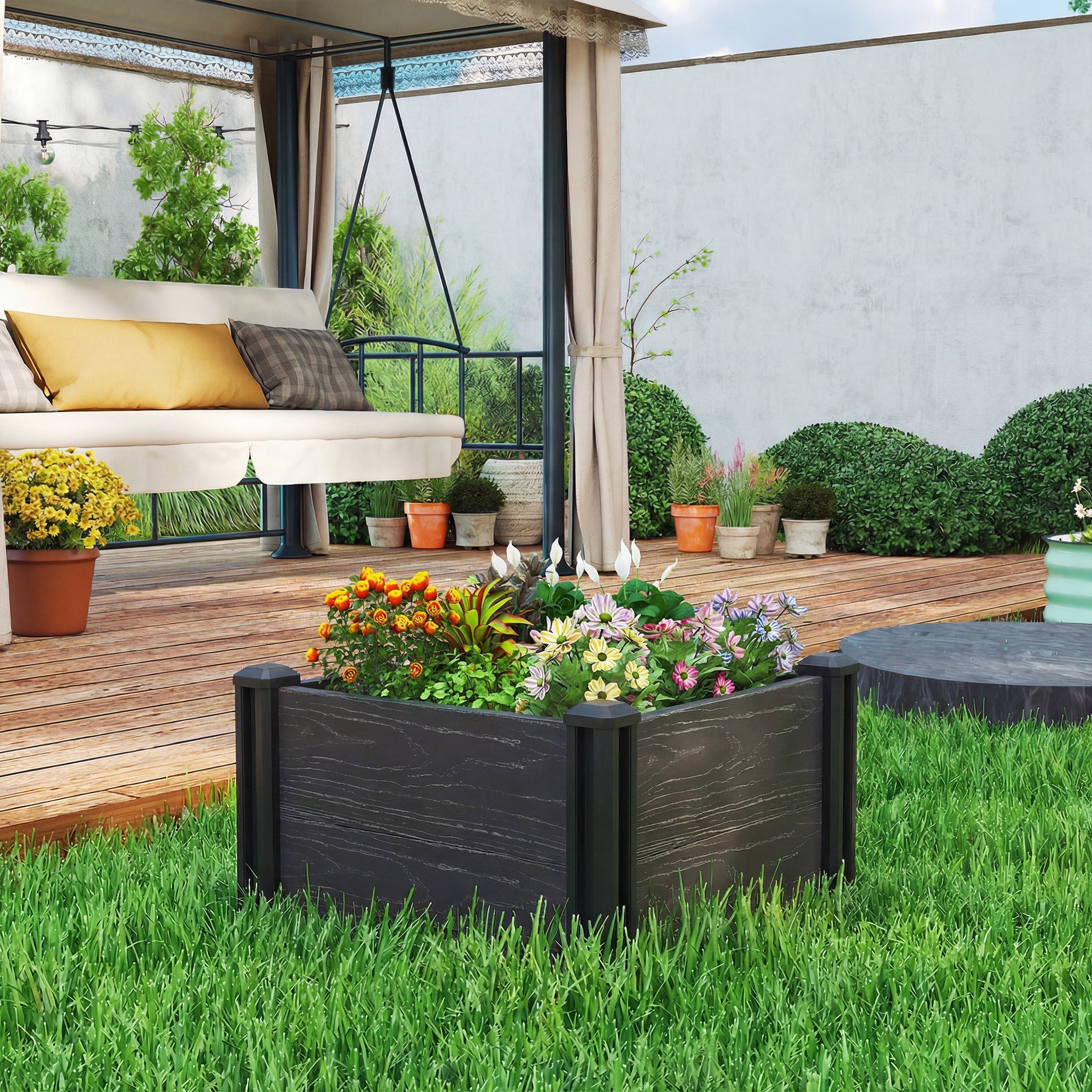 Outsunny Vinyl Raised Garden Bed Kit, 2 x 2 x 1ft Modular Elevated Garden Box with Slotting Legs and Open Bottom, Dark Grey 