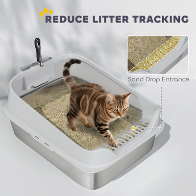 PawHut XL Stainless Steel Cat Litter Box with High Sides, Metal Scoop, 60 x 40 x 30 cm 