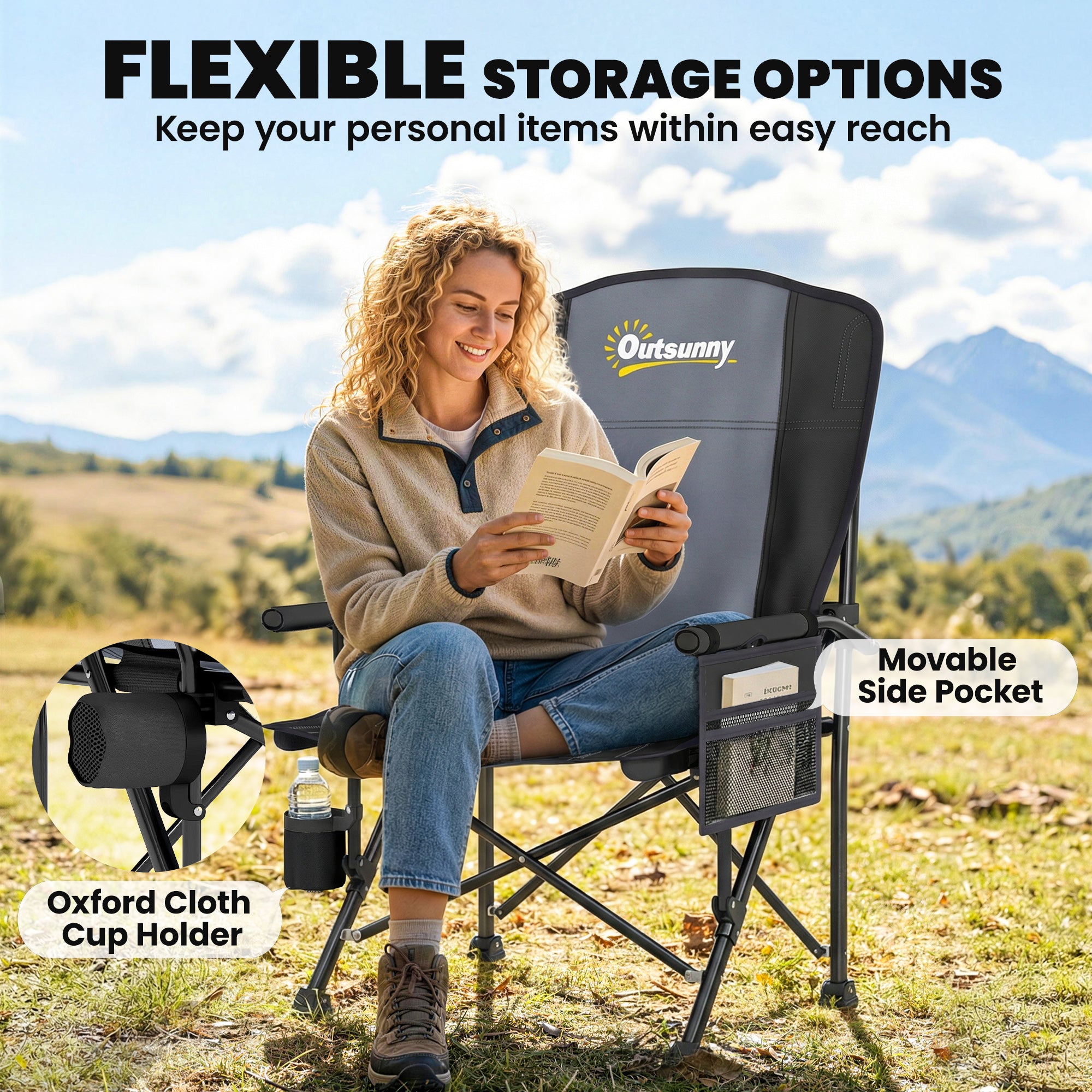 Outsunny Padded Camping Chair Adults Heavy Duty Folding Chair Side Pocket Cup Holder Carry Bag Outdoor Black 
