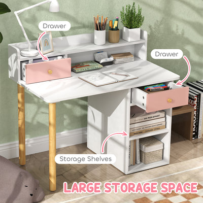 AIYAPLAY 2 Pieces Children Study Table with Hutch, Kids Desk and Chair Set with Storage Drawer, Shelves - Pink 