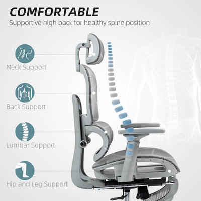 HOMCOM Executive Office Chair, Ergonomic Mesh High Back Desk Chair with Lumbar Support, Reclining Function, Swivel Computer Chair with 3D Armrest, Headrest, Footrest, Grey 