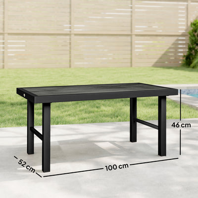 Outsunny Metal Garden Coffee Table, Outdoor Side Table with SPC Woodgrain Tabletop for Outside, 100 x 52 x 46cm, Dark Grey 