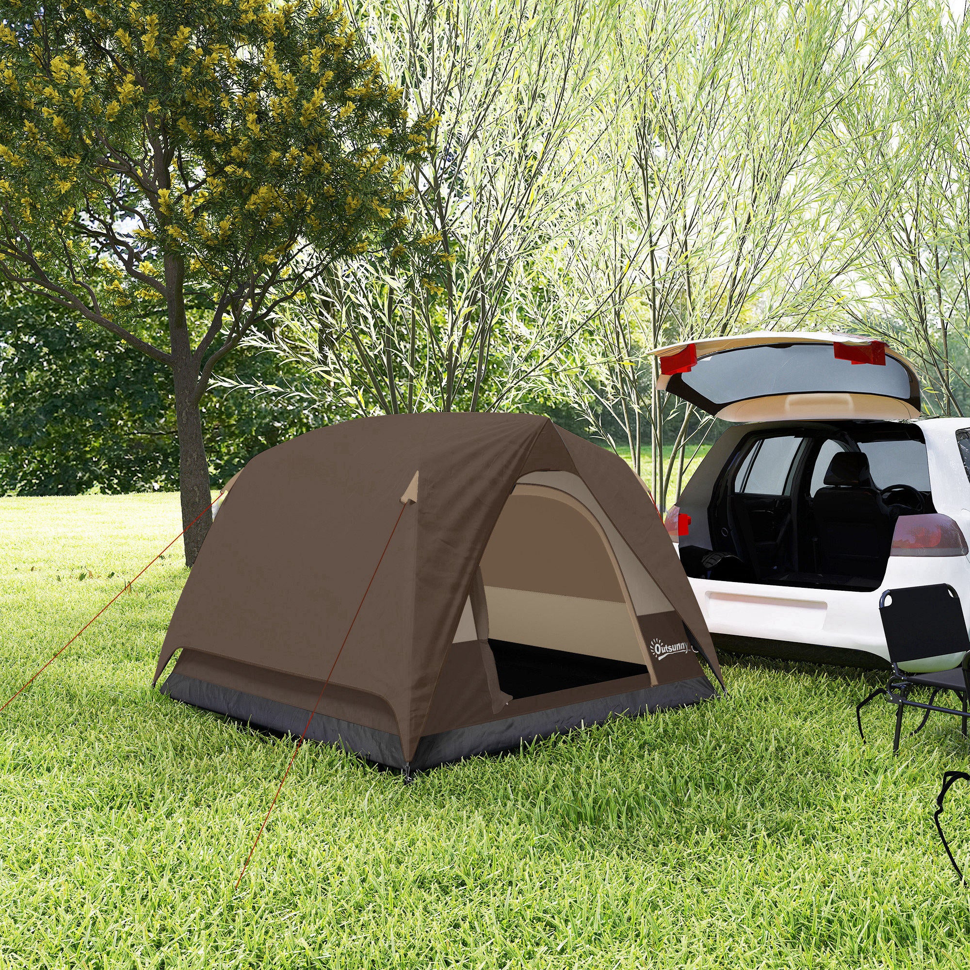 Outsunny 3-4 Person Camping Tent, Easy Set Up 3-4 Man Tent w/ Sewn-in Groundsheet, Waterproof Dome Tent w/ Mesh Windows, Brown 