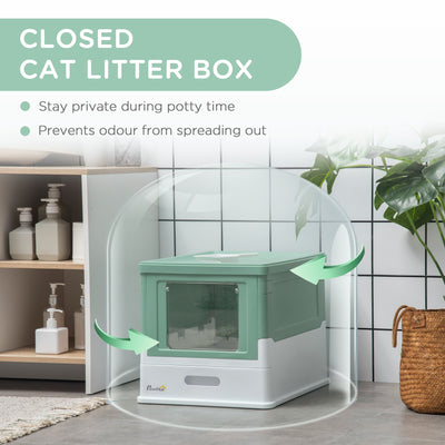 PawHut Hooded Cat Litter Box, Portable Pet Toilet, with Scoop, Front Entry - Green 