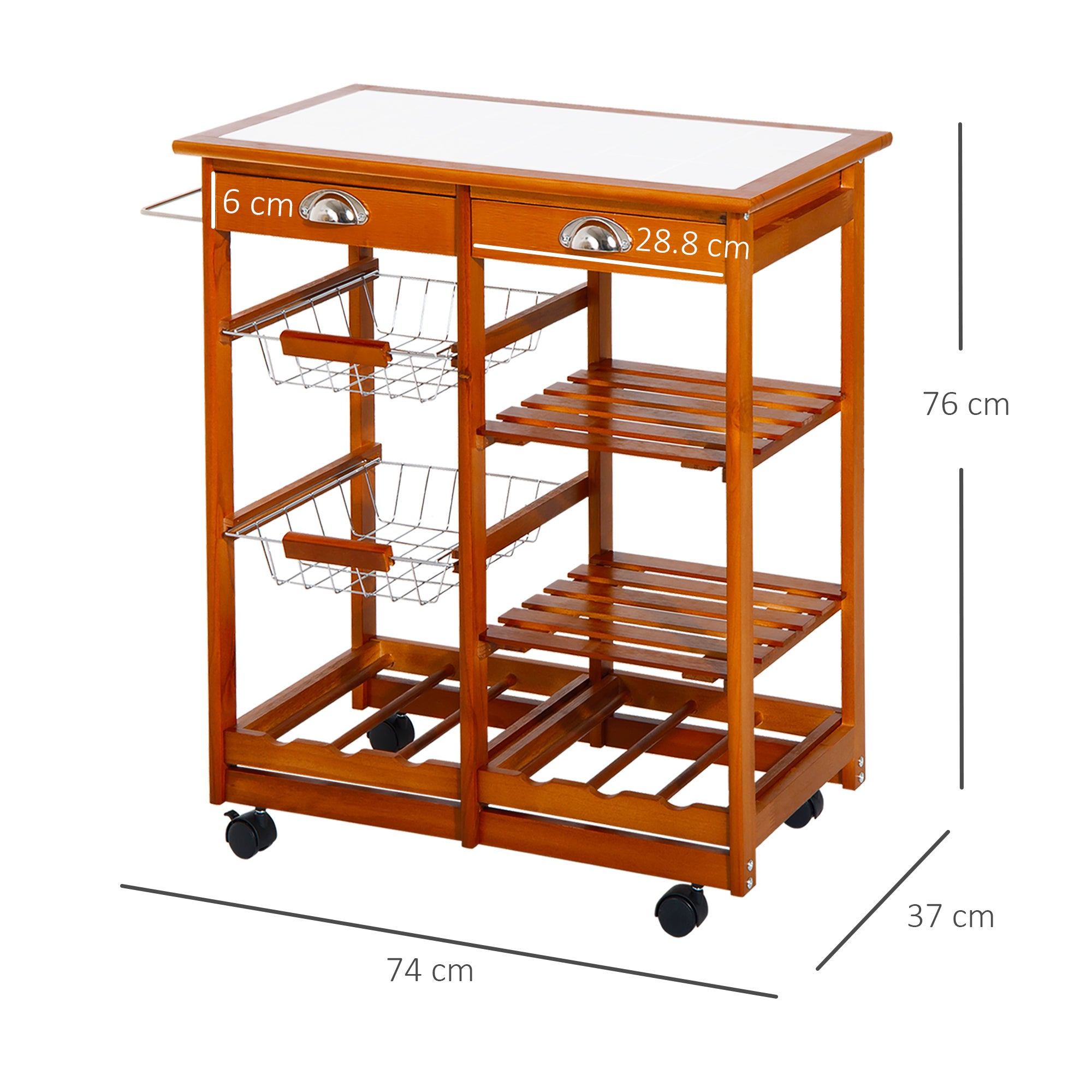 HOMCOM Rolling Kitchen Island Trolley Cart Drawer Shelves Basket Wheels W/  6 Bottle Wine Rack, Honey Colour 