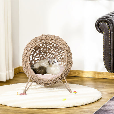PawHut Wicker Cat Bed, Ball-Shaped Rattan Elevated Cat Basket with Three Tripod Legs, Cushion - Natural Wood Finish 