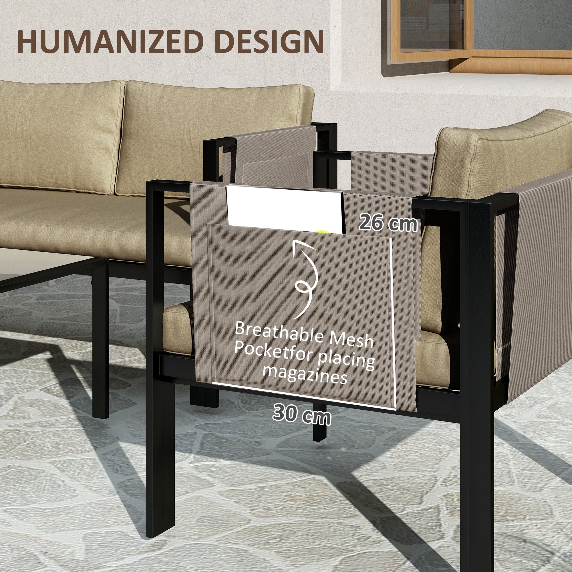 Outsunny 4 Piece Metal Garden Furniture Set with Tempered Glass Coffee Table, Texteline Pocket, Outdoor Set Loveseat Single Armchairs with Padded Cushions, Khaki 