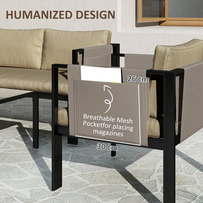 Outsunny 4 Piece Metal Garden Furniture Set with Tempered Glass Coffee Table, Texteline Pocket, Outdoor Set Loveseat Single Armchairs with Padded Cushions, Khaki 