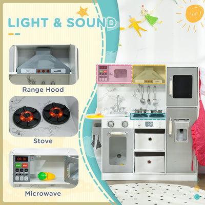AIYAPLAY Toy Kitchen with Lights, Sounds, Apron and Chef Hat, Ice Maker, Microwave, for Ages 3-6 Years - White 