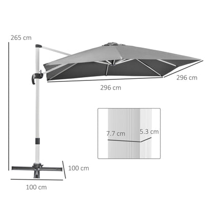 Outsunny 3 x 3(m) Cantilever Roma Parasol, Square Garden Umbrella with Cross Base, Crank Handle, Tilt, 360\'c2\'b0 Rotation and Aluminium Frame, Grey