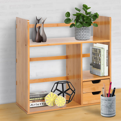 HOMCOM Desk Organiser Compartments Desktop Bookshelf Stationery Storage Shelf Document File Holder with 2 Drawers 2-way Reversed Use Bamboo 