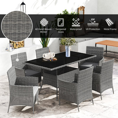 Outsunny 7-Piece Rattan Garden Furniture Set with Cushions, 6 Seater Garden Table and Chairs, Rattan Dining Set with 6 Armchairs, Rectangular Glass Top Table, Charcoal Grey 