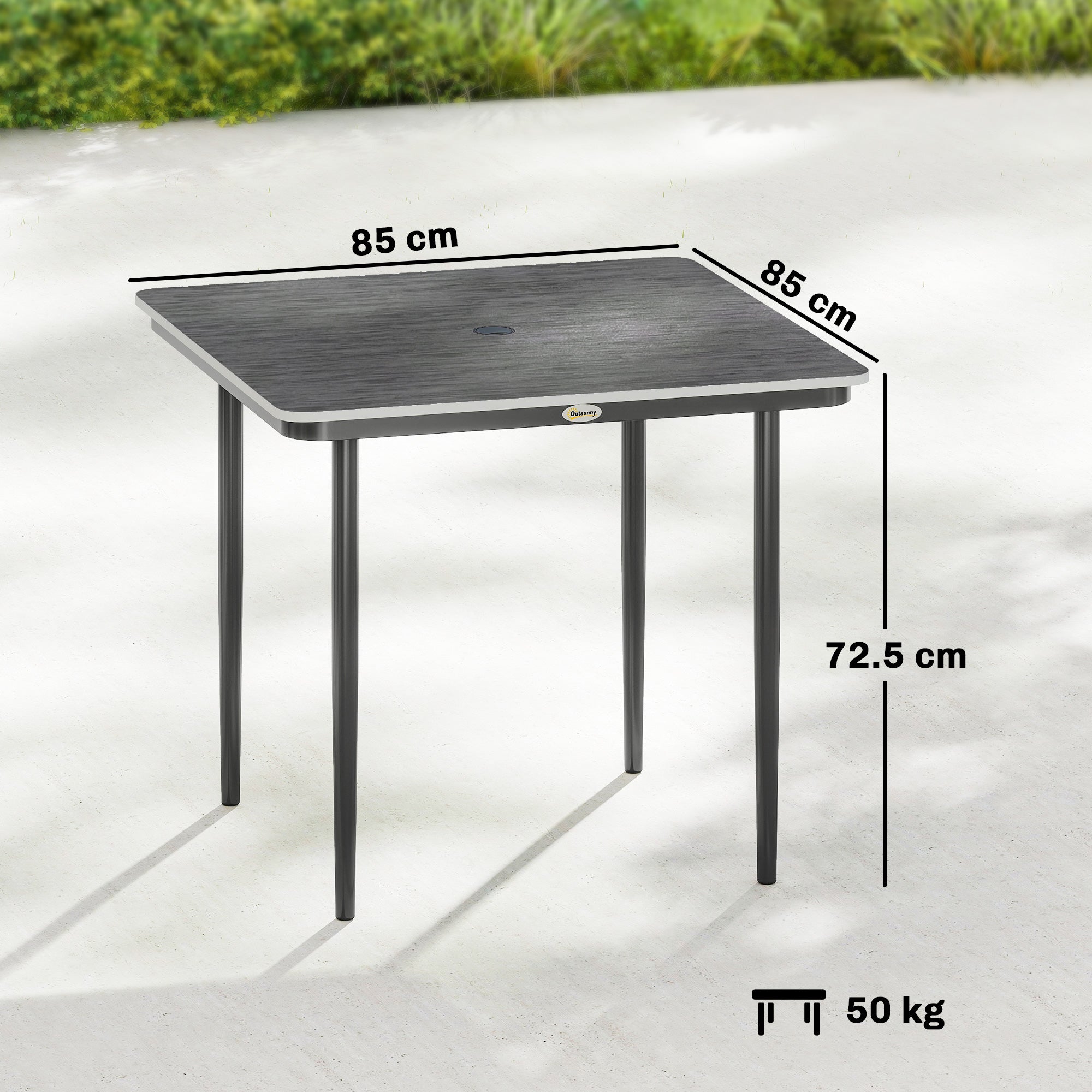 Outsunny Garden Dining Table for 4, 85 cm Square Outdoor Table with Umbrella Hole, Faux Wood Top, Metal Legs, Dark Grey 