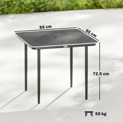 Outsunny Garden Dining Table for 4, 85 cm Square Outdoor Table with Umbrella Hole, Faux Wood Top, Metal Legs, Dark Grey 