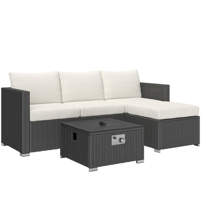 Outsunny Five Piece Rattan Garden Furniture Set with Gas Fire Pit Table and Footstool - Black and Cream White 