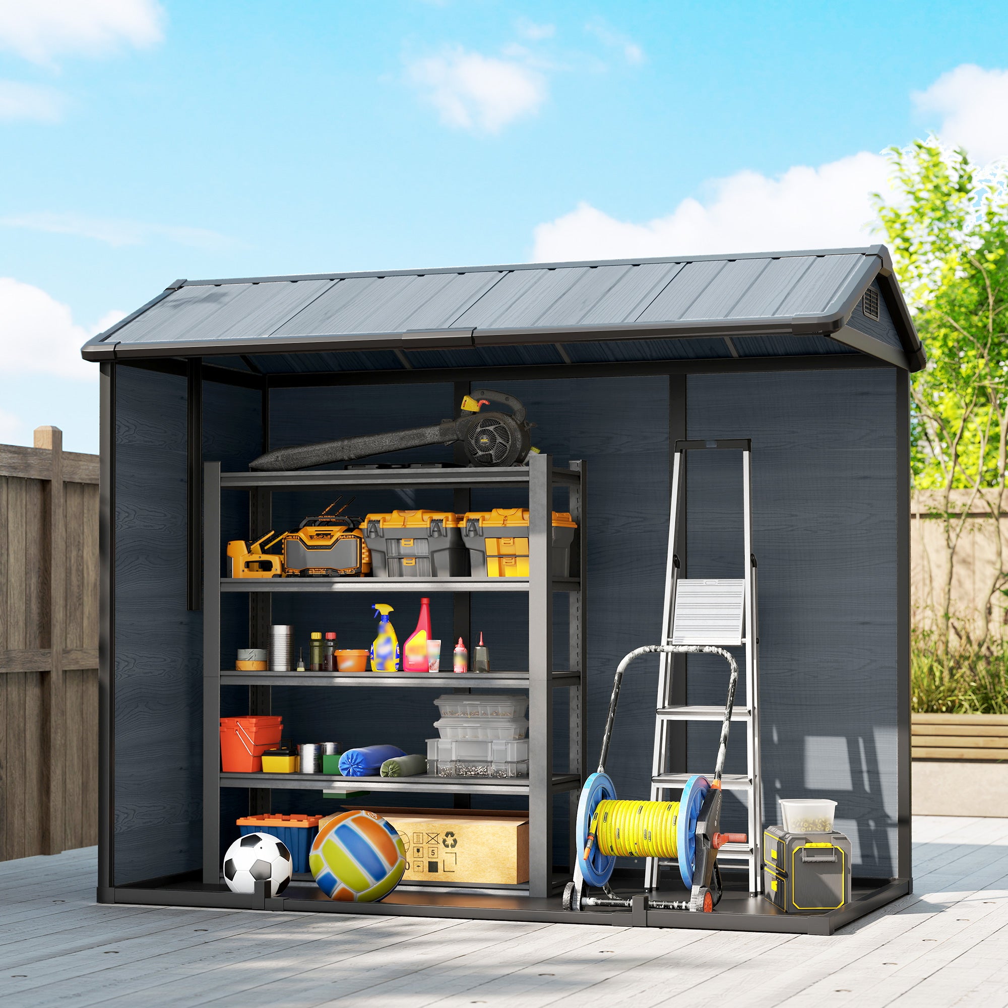 Outsunny 8 x 4 ft Resin Garden Shed, Wood-Effect Outdoor Storage Shed with Floor, Windows, Lockable Doors and Vents, Dark Grey 