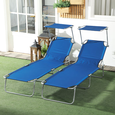 Outsunny Outdoor Foldable Sun Lounger Set of 2, 4 Level Adjustable Backrest Reclining Sun Lounger Chair with Angle Adjust Sun Shade Awning for Beach, Garden, Patio, Blue 