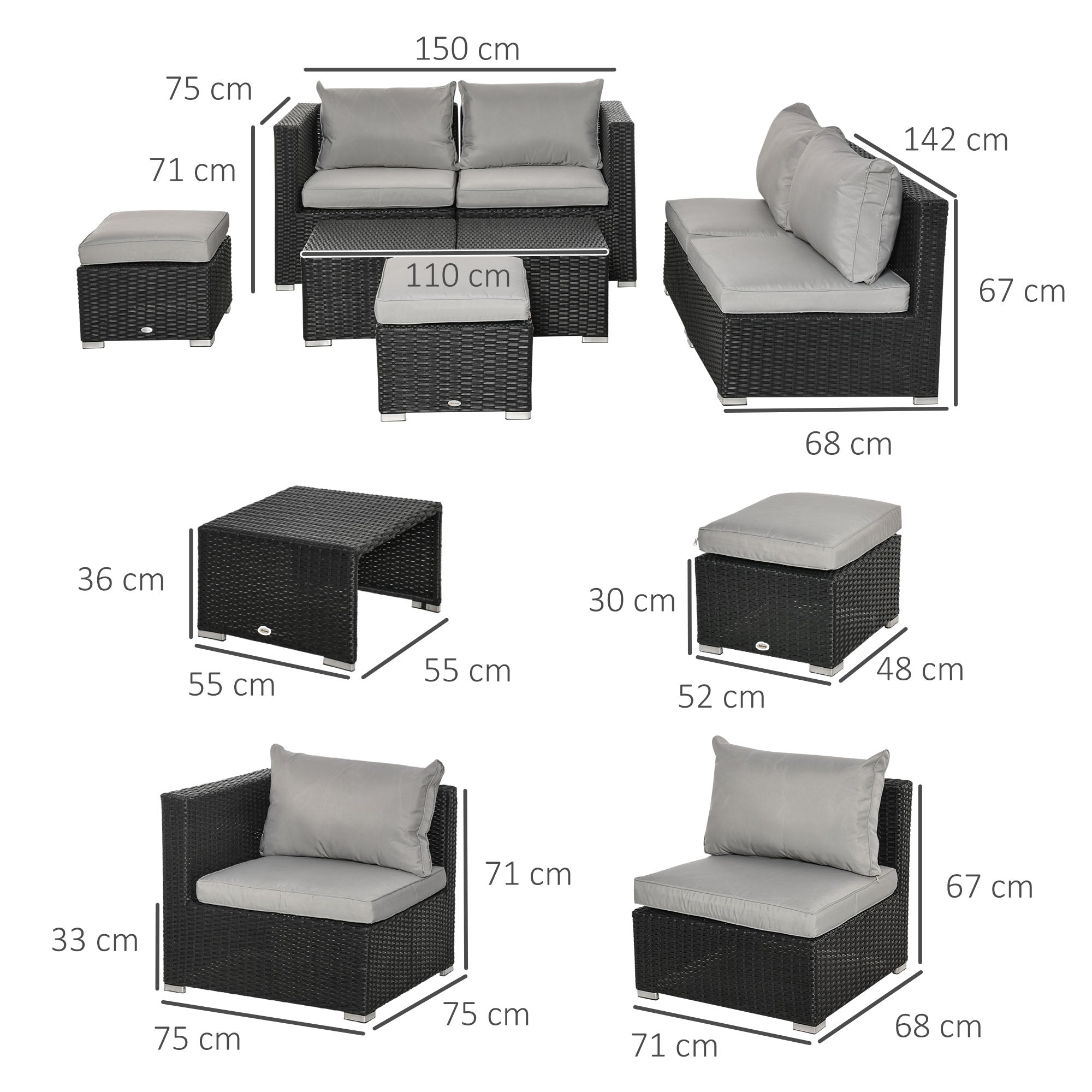 Outsunny 8 Pieces PE Rattan Sofa Set with Cushions, Garden Corner Sofa with 4 Seater Sofa, 2 Footstools and 2 Coffee Table Set, Space-saving Design, No Assembly Required, Black 