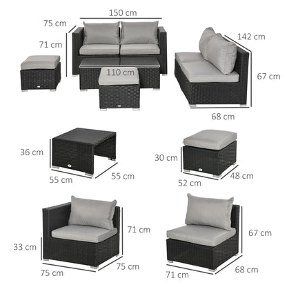 Outsunny 8 Pieces PE Rattan Sofa Set with Cushions, Garden Corner Sofa with 4 Seater Sofa, 2 Footstools and 2 Coffee Table Set, Space-saving Design, No Assembly Required, Black 