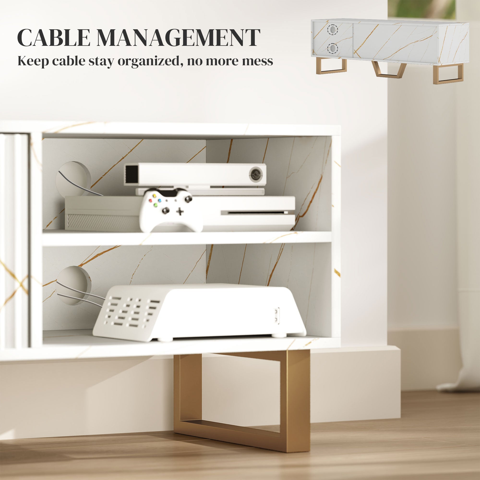 HOMCOM Marble Effect TV Unit, TV Stand Cabinet for up to 70" TVs, Modern TV Cabinet with Shelves and Storage Cupboard, Fluted Door, Extra Centre Leg, Cable Management for Living Room, White 