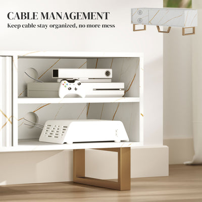 HOMCOM Marble Effect TV Unit, TV Stand Cabinet for up to 70" TVs, Modern TV Cabinet with Shelves and Storage Cupboard, Fluted Door, Extra Centre Leg, Cable Management for Living Room, White 