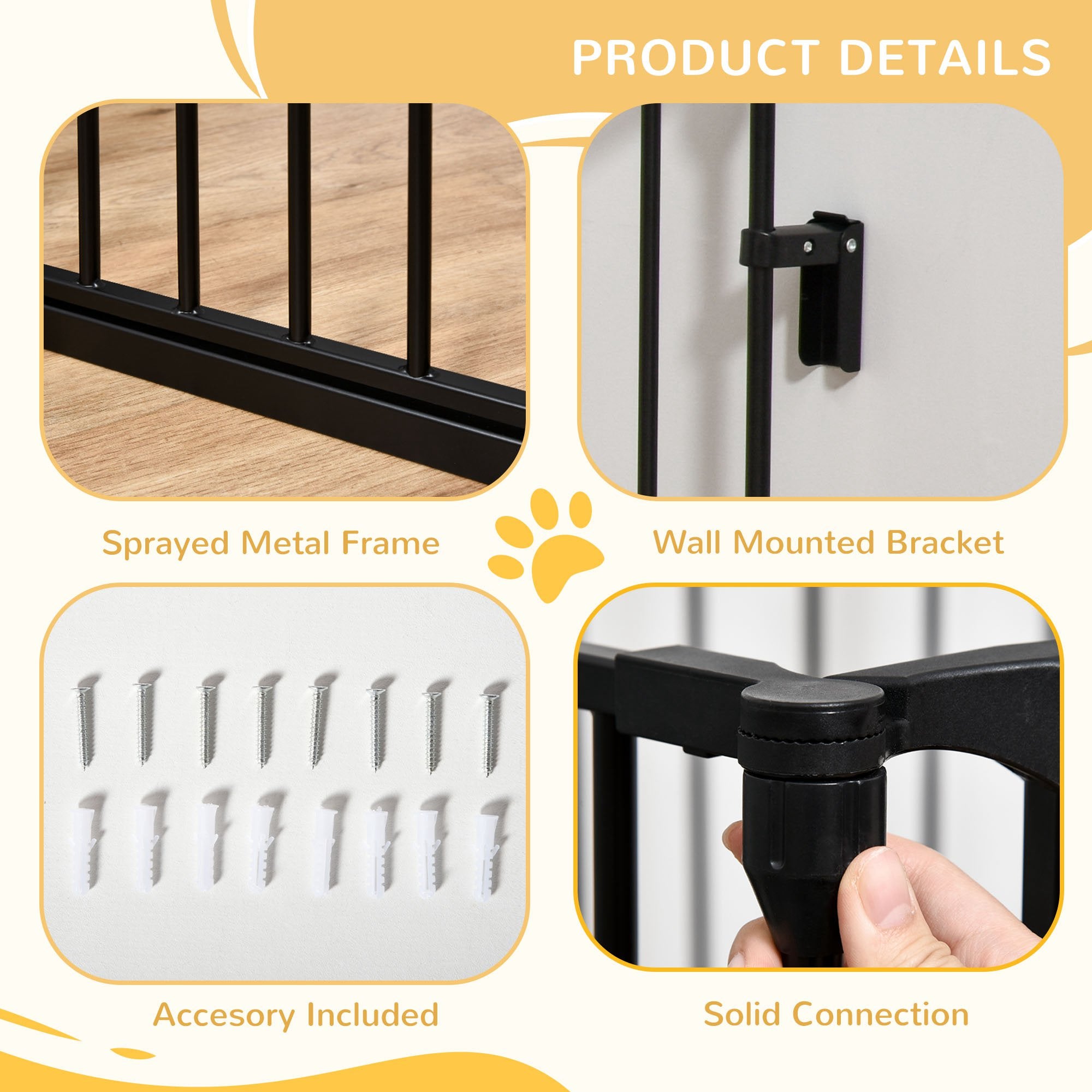 PawHut Pet Safety Gate, 3 Panels Playpen Fireplace, Metal Fence, Stair Barrier, Room Divider w/ Walk-Through Door - Black 