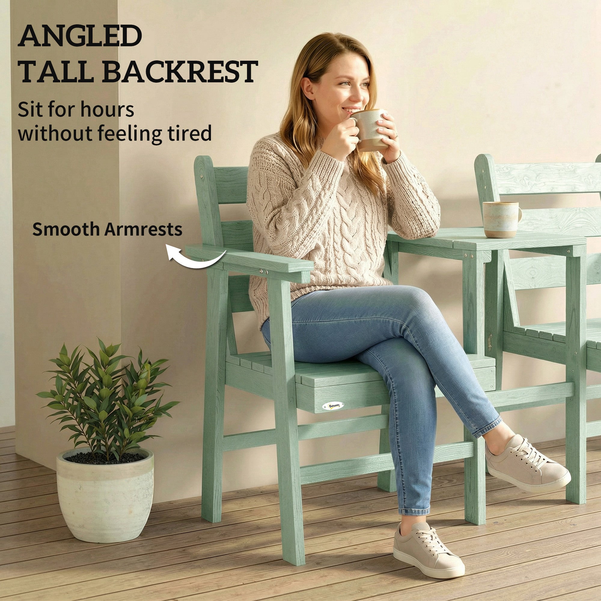 Outsunny Outdoor Garden Loveseat, Embossed Wooden Jack and Jill Garden Seat with Integrated Table, Green 