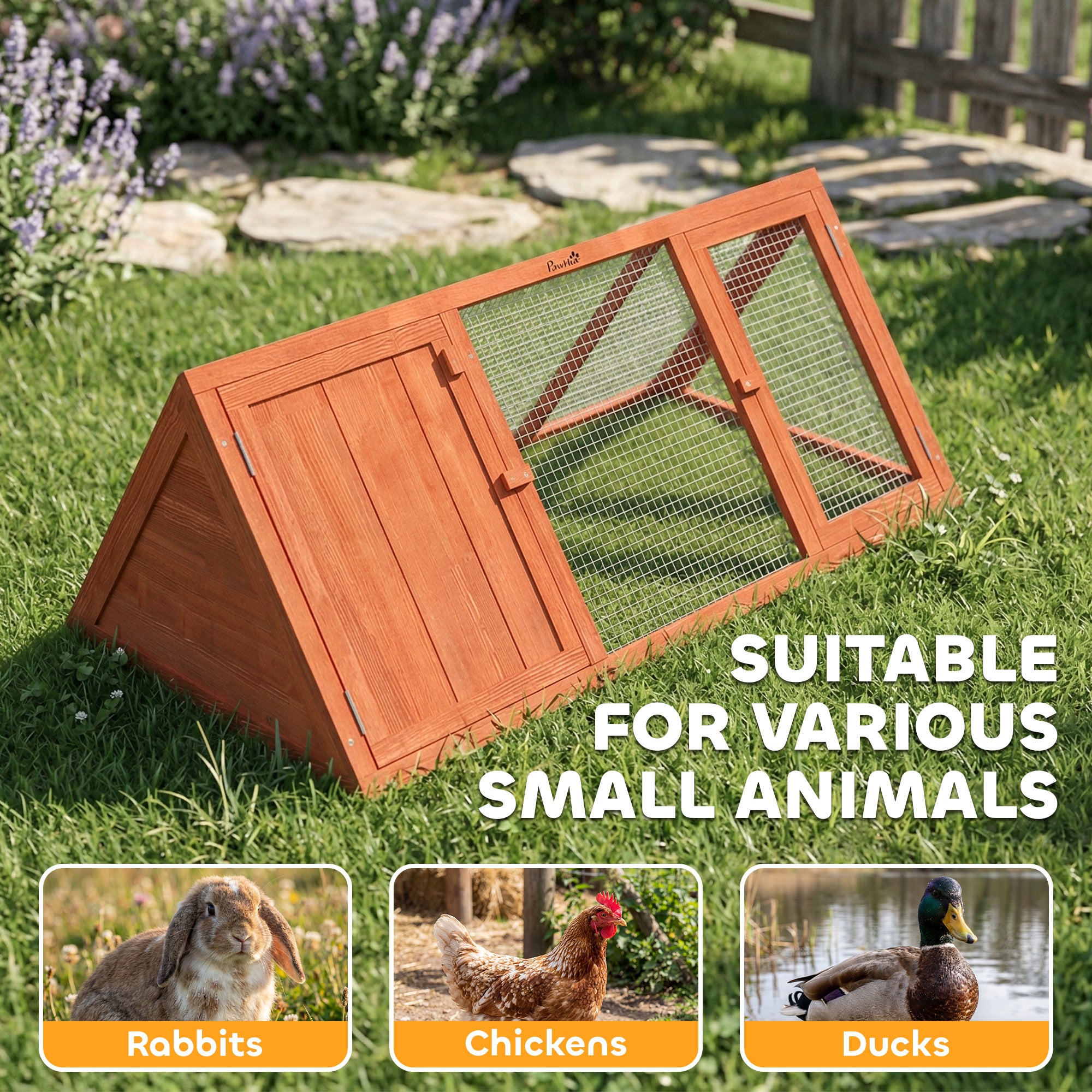 PawHut Rabbit Hutch, Wooden Guinea Pig Hutch with Run and Doors, Outdoor Triangle Bunny House for Rabbits,Duck and Chicken 