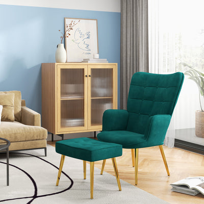 HOMCOM Modern Armchair with Footstool, Upholstered Accent Chair with Ottoman, Steel Legs, Velvet Wingback Chair for Living Room, Bedroom, Home Study, Dark Green 