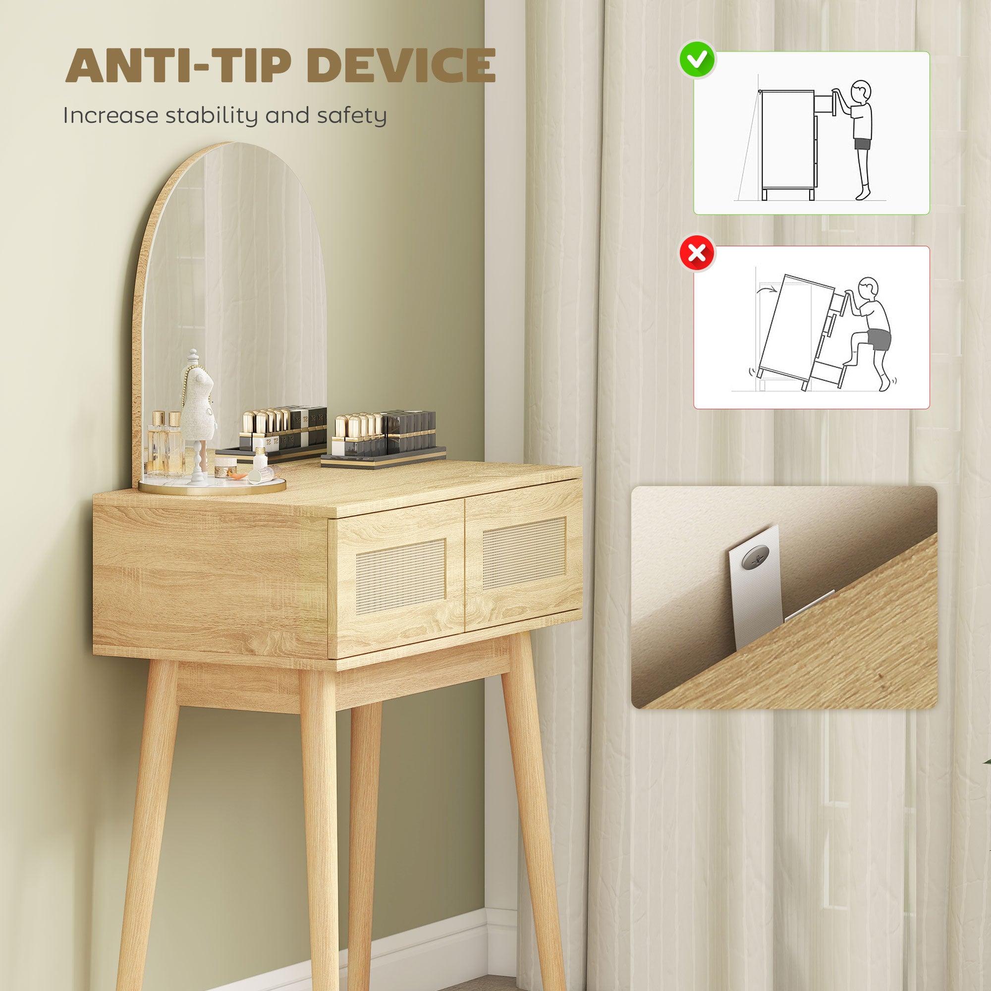 HOMCOM Dressing Table, Compact Vanity Desk with Mirror and 2 Drawers, Natural Wood Finish 