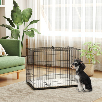 PawHut Foldable Dog Crate with 2 Doors with Tray, Soft Cushion, for Small Dogs, 76 x 53 x 60, Black 