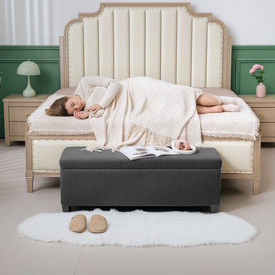 HOMCOM Storage Ottoman Bench, Corduroy Footstool with Removable Lid and Legs, 112cm Storage Chest Box for Living Room, Bedroom, Hallway, Grey 