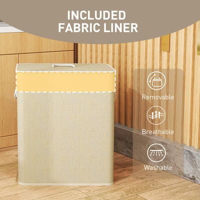 HOMCOM Double Laundry Basket with Lid, 100L Bamboo Laundry Hamper with Rope Handles, Washing Basket with Removable Liner for Bathroom, Bedroom, Cream White 