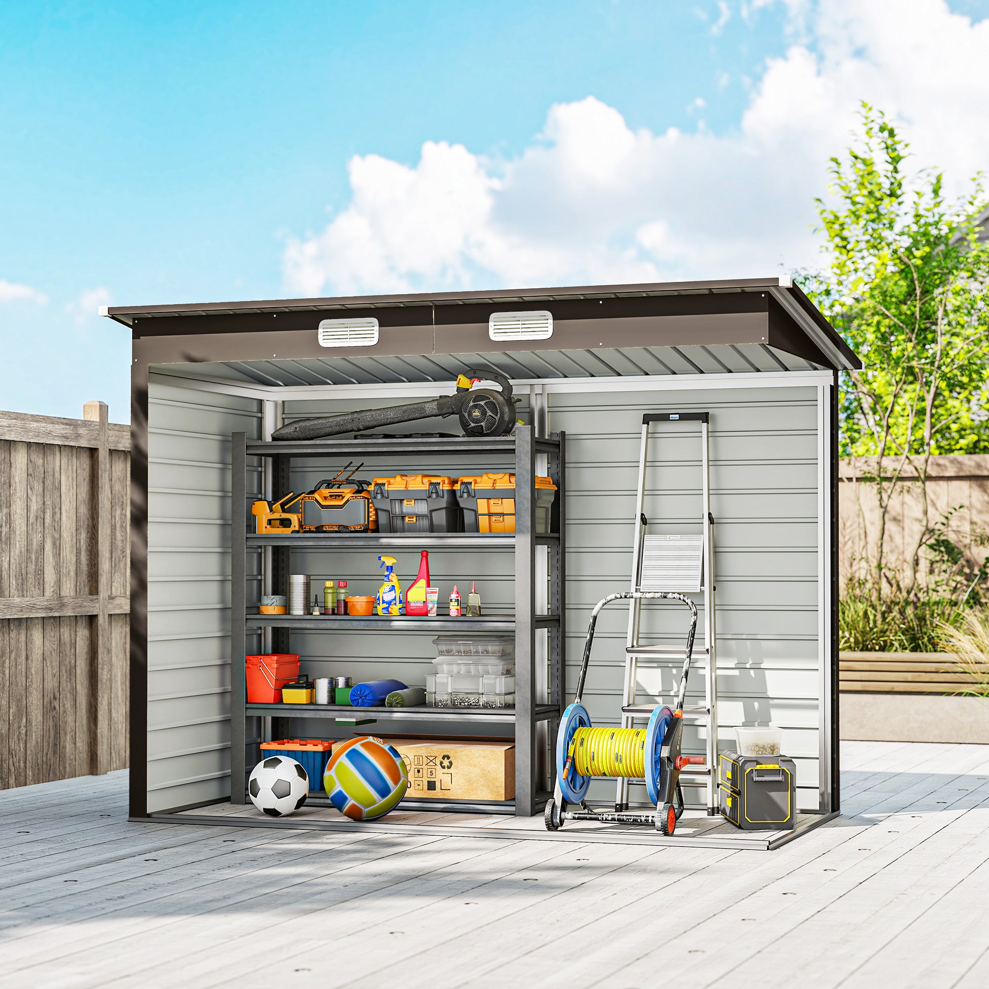 Outsunny 3.7 x 7.9ft Galvanised Steel Shed, with Latched Door and Padlock - Oak 