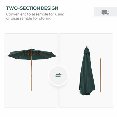 Outsunny 3(m) Wooden Patio Umbrella, Pulley Operated Garden Parasol with Rope Pulley Mechanism and 8 Ribs, Dark Green 