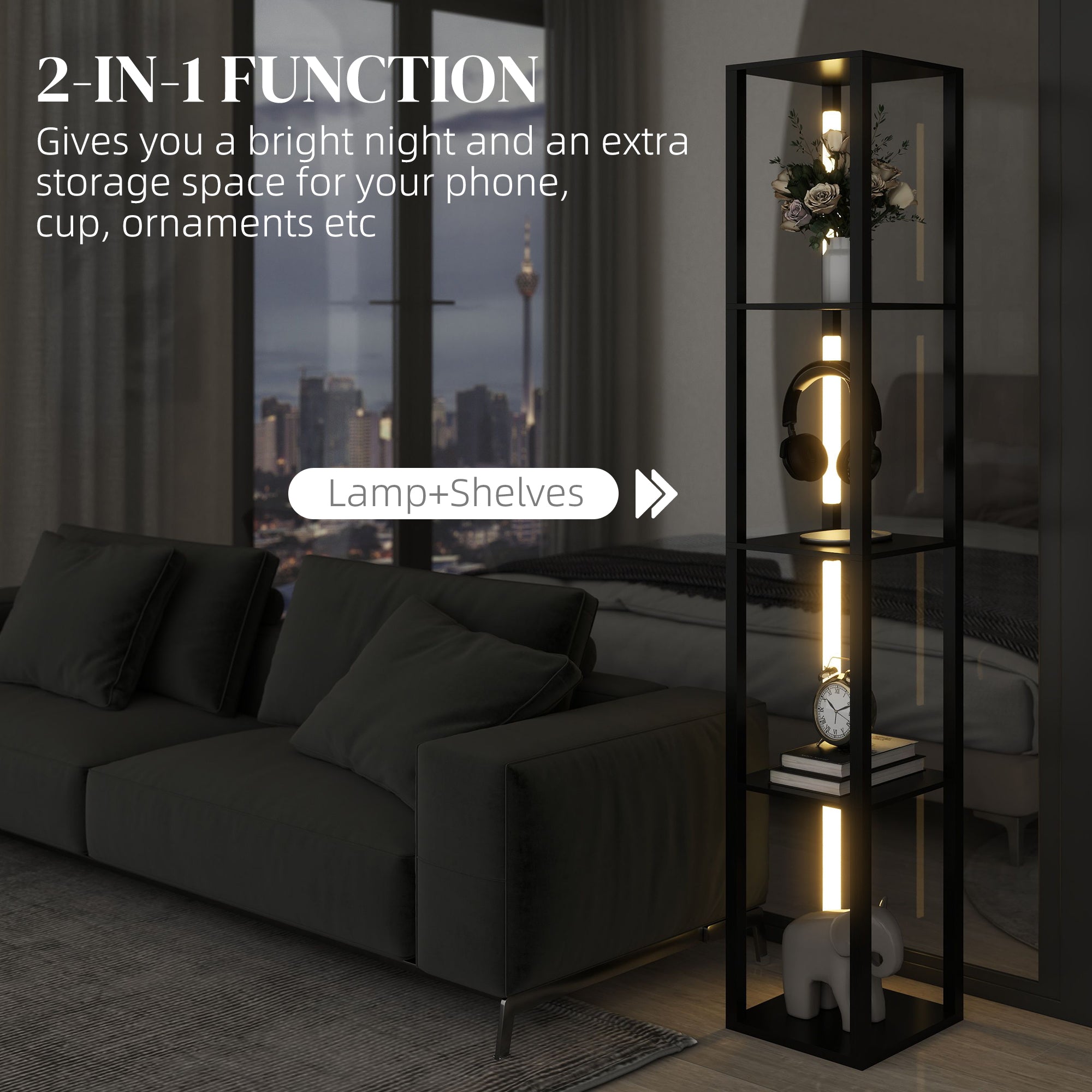 HOMCOM Floor Lamp with Shelves, 4 Layer Dimmable Column Modern Standing Lamp with 3 Brightness Levels and Foot Switch for Living Room, Bedroom, Office, Black