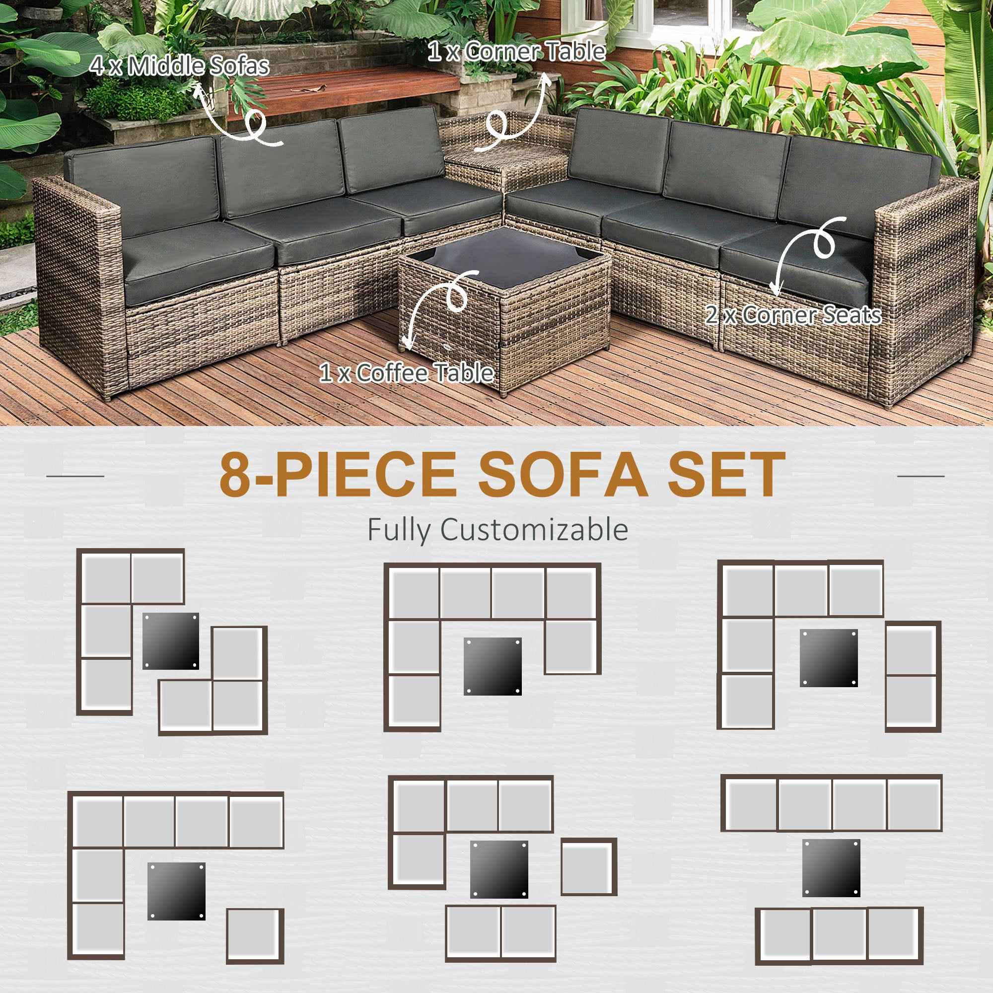 Outsunny 8 Pieces Outdoor PE Rattan Sofa Set with Cushions, Patio Garden Furniture Sets with Glass Top Coffee Table, Storage Corner Table, Mixed Brown 