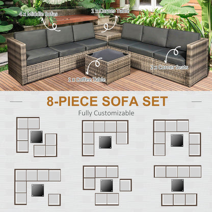 Outsunny 8 Pieces Outdoor PE Rattan Sofa Set with Cushions, Patio Garden Furniture Sets with Glass Top Coffee Table, Storage Corner Table, Mixed Brown 