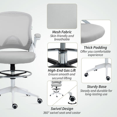Vinsetto Drafting Chair with Flip-up Armrest, Mesh Office Stool with Foot Ring, 360° Swivel Height Adjustable Chair for Standing Desk, Light Grey 