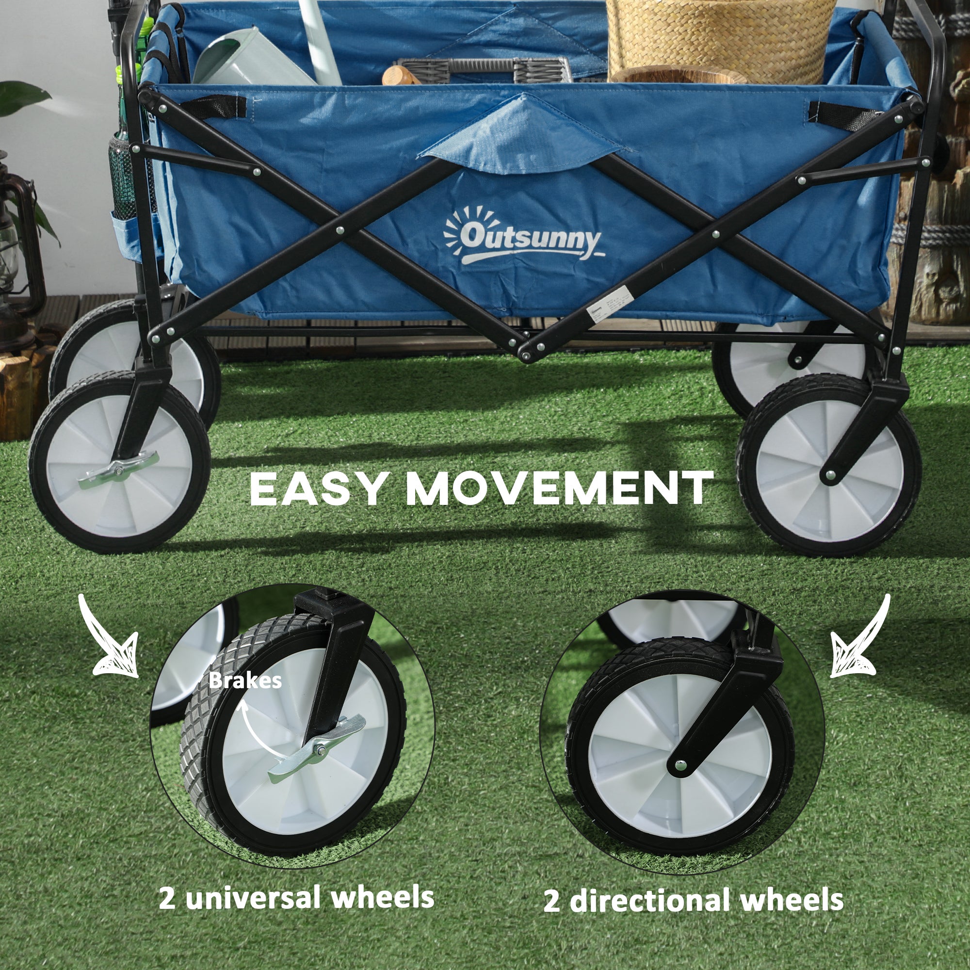 Outsunny 90L Folding Garden Trolley Cart Pull Along Wagon with Telescopic Handle for Beach Camping Festival - Navy Blue 