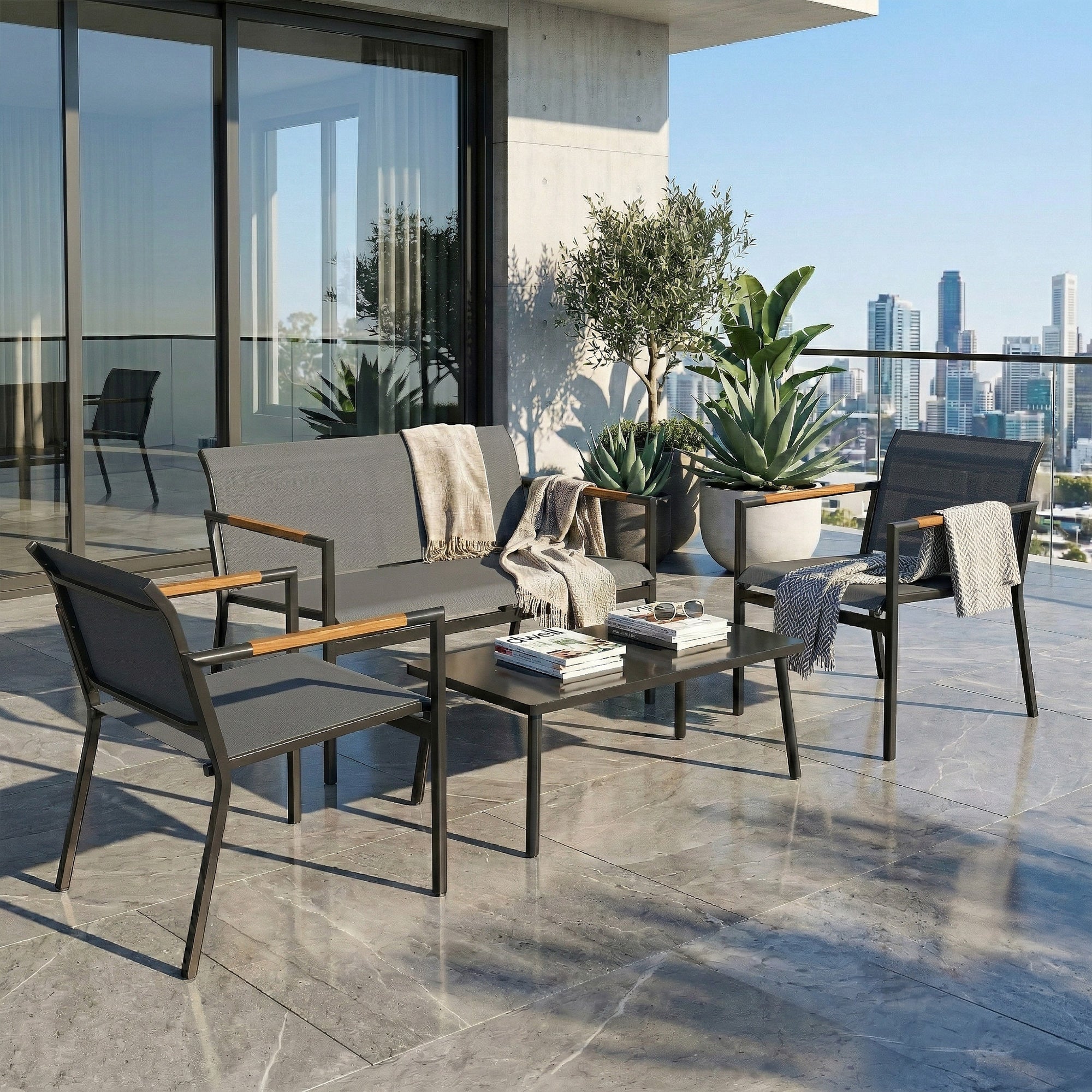 Outsunny 4 Seater Garden Furniture Set with Loveseat, Armchairs, Table, Metal Garden Sofa Set with Breathable Seats, Grey 