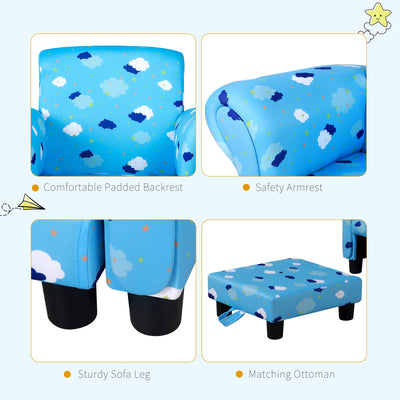 HOMCOM Toddler Chair Children's Armchairs Wood Frame w/ Footrest Anti-Slip Legs High Back Arms for Bedroom Playroom Cute Cloud Star Blue 