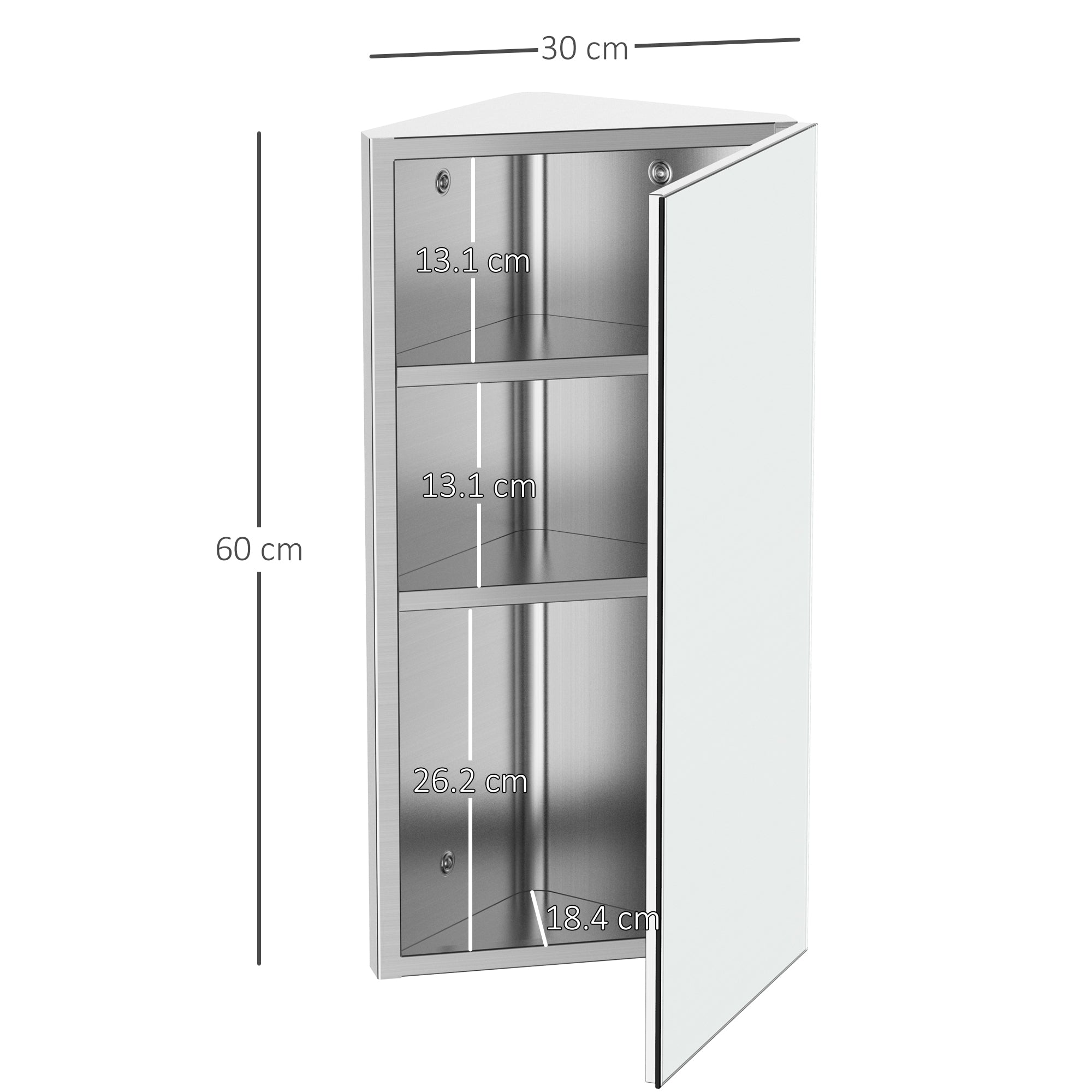 HOMCOM Stainless Steel Wall mounted Bathroom Corner Mirror Storage Cabinet Single Door 300mm (W) 