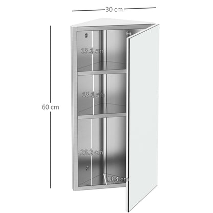 HOMCOM Stainless Steel Wall mounted Bathroom Corner Mirror Storage Cabinet Single Door 300mm (W) 