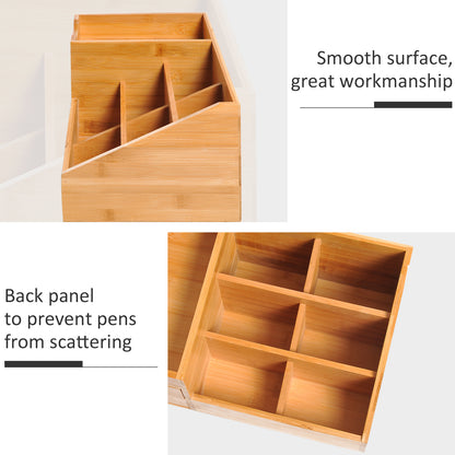 HOMCOM Desk Organiser Holder, Bamboo Multi-Function Storage Caddy with 7 Storage Compartments and 2 Drawers for Home Office Stationary Supplies, Natural Bamboo 